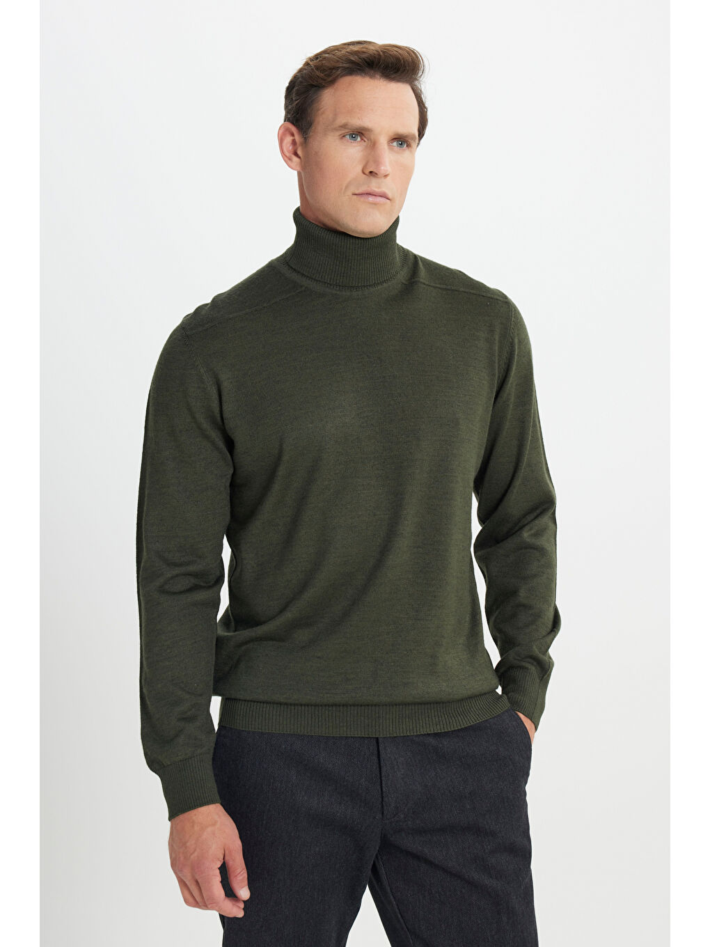 Erkek Haki Yünlü Sıcak Tutan Standart Fit Normal Kesim Tam Balıkçı Yaka Triko Kazak-2