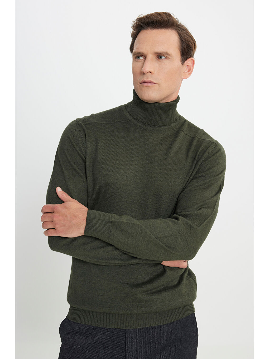 Erkek Haki Yünlü Sıcak Tutan Standart Fit Normal Kesim Tam Balıkçı Yaka Triko Kazak-3