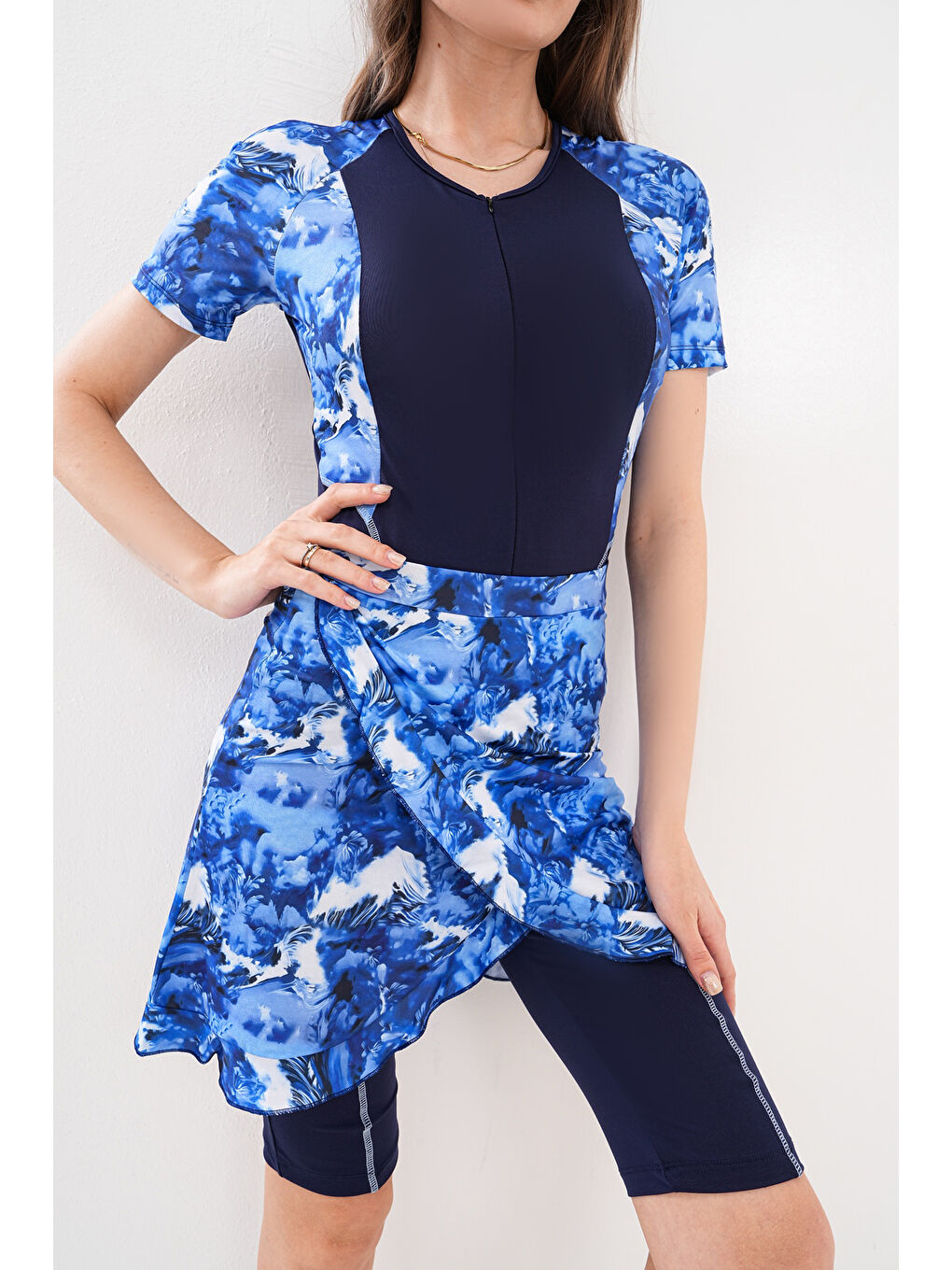 2'li Pareolu Kısa Kollu Uzun Şortlu Fermuarlı Sörfçü Yüzücü Tulum Mayo 2517 Esma Mavi-2