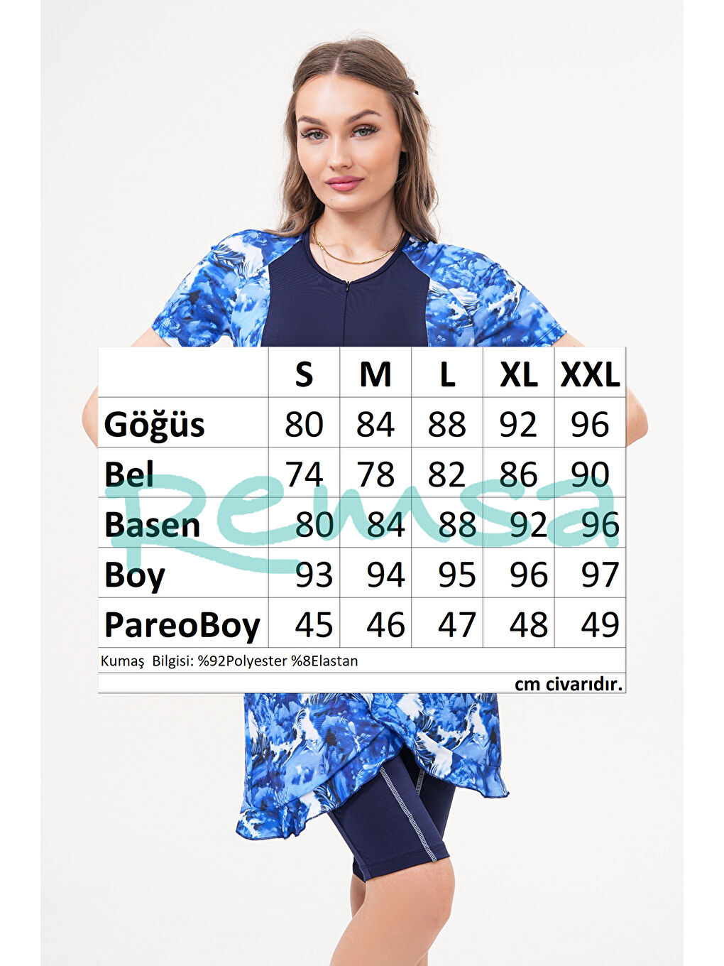 2'li Pareolu Kısa Kollu Uzun Şortlu Fermuarlı Sörfçü Yüzücü Tulum Mayo 2517 Esma Mavi-3