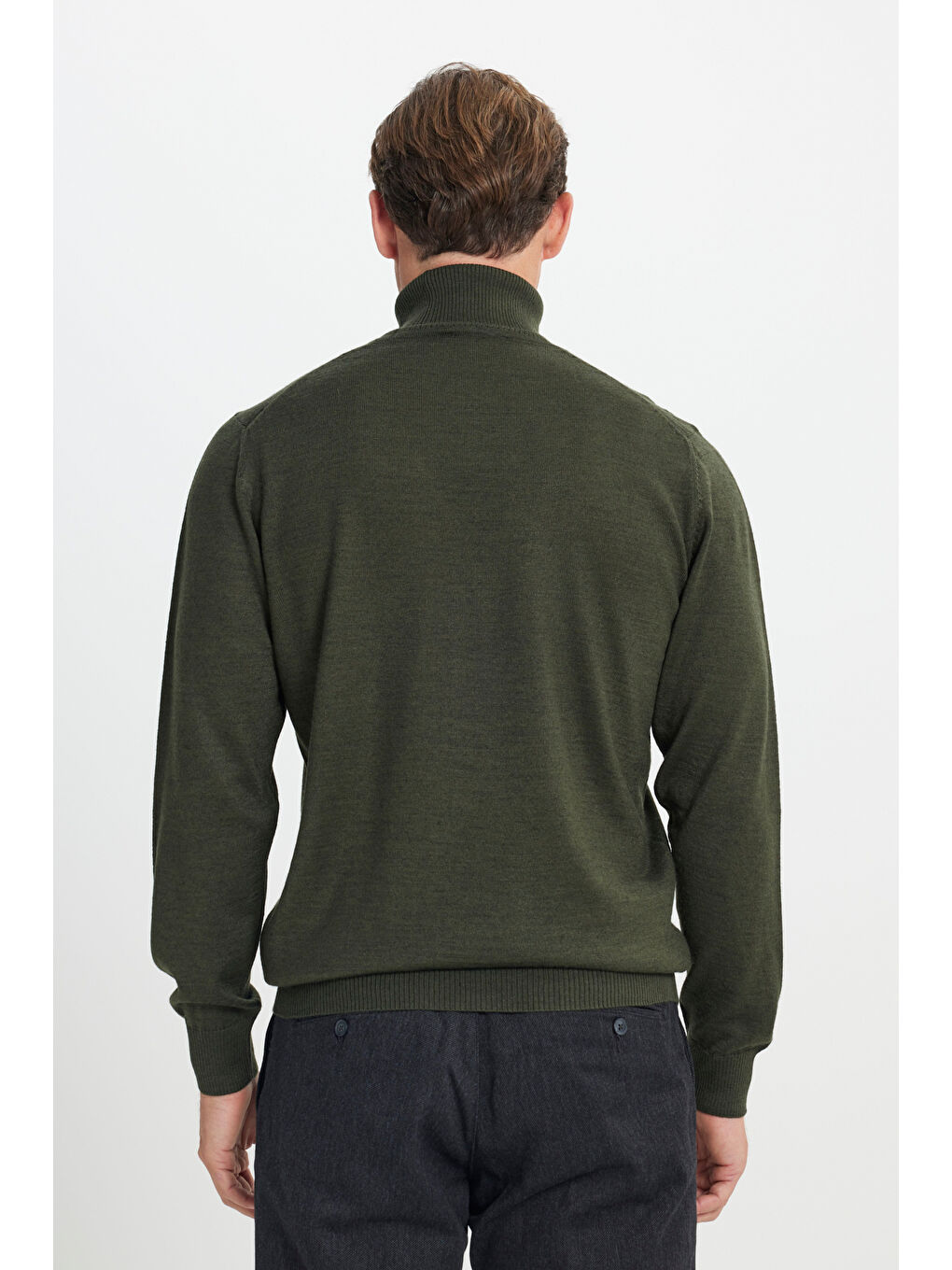 Erkek Haki Yünlü Sıcak Tutan Standart Fit Normal Kesim Tam Balıkçı Yaka Triko Kazak-5