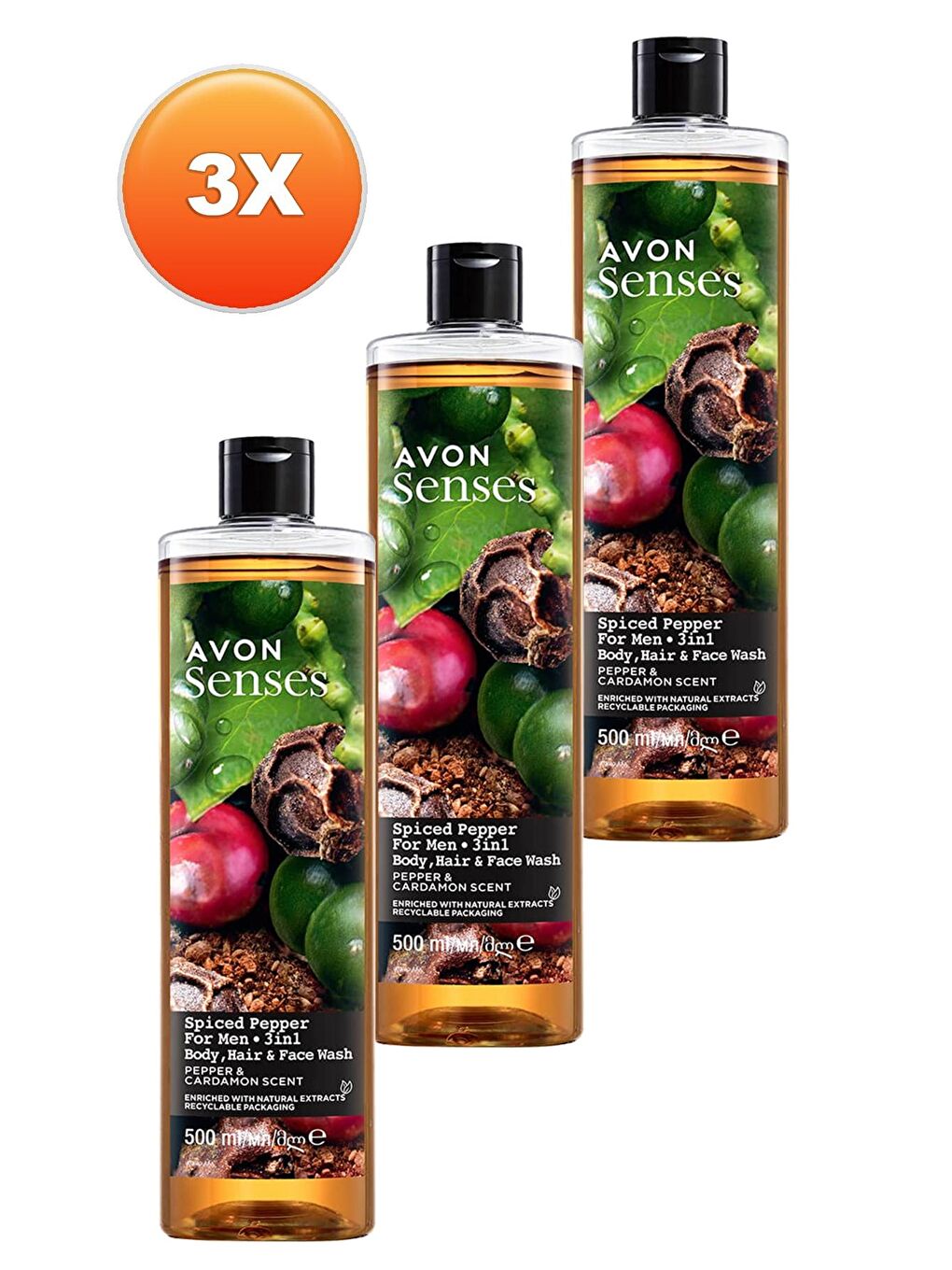 AVON Senses Spiced Pepper Karabiber ve Kakule Kokulu Erkekler için Duş Jeli 500 Ml. Üçlü Set - 1