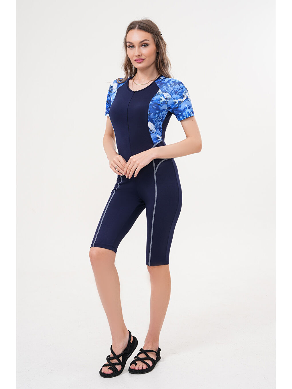 2'li Pareolu Kısa Kollu Uzun Şortlu Fermuarlı Sörfçü Yüzücü Tulum Mayo 2517 Esma Mavi-4