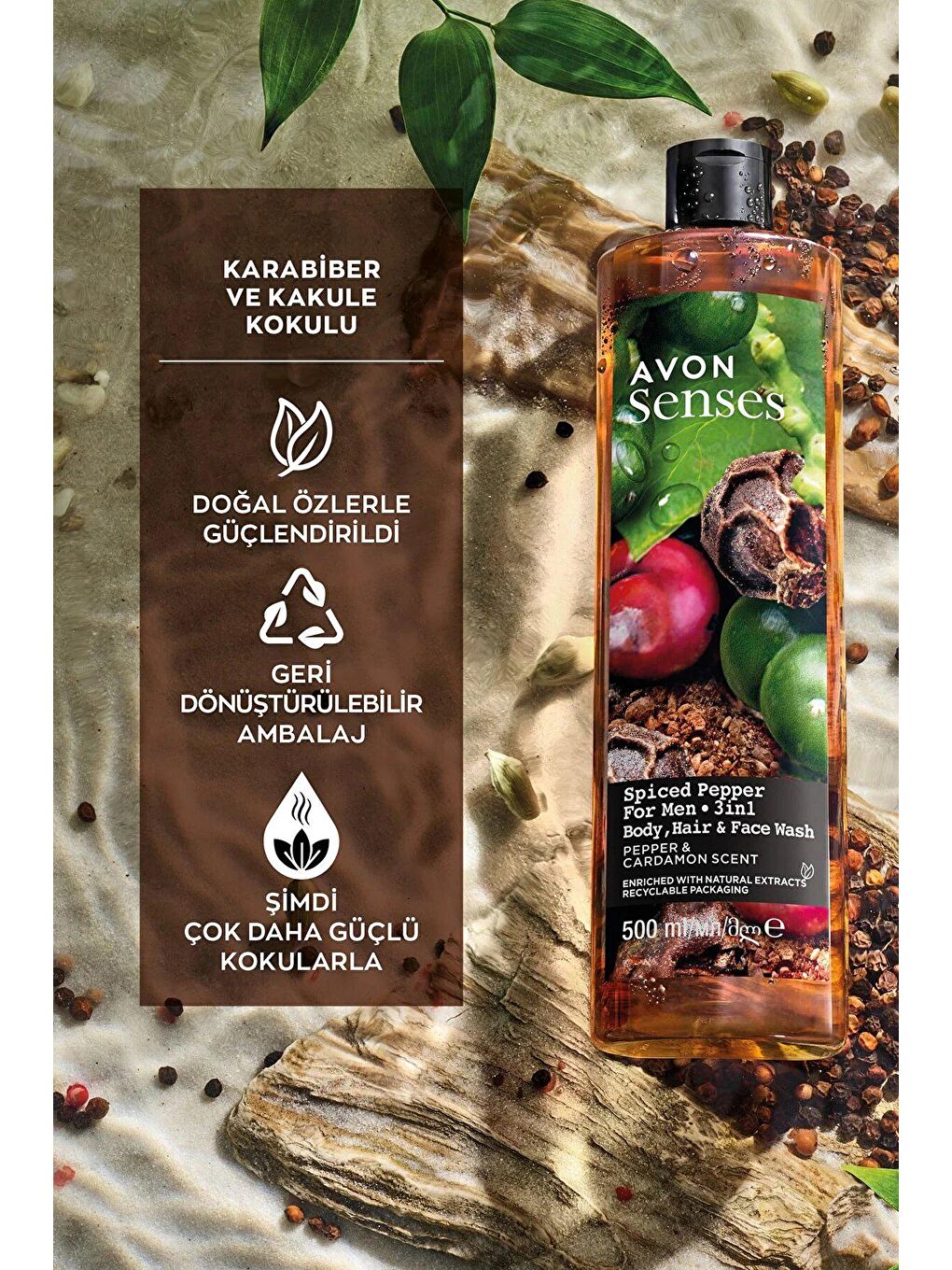 AVON Senses Spiced Pepper Karabiber ve Kakule Kokulu Erkekler için Duş Jeli 500 Ml. Üçlü Set - 2