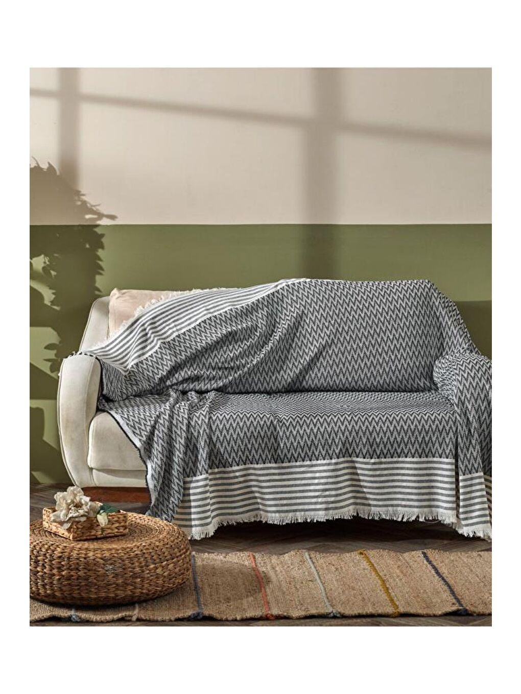 Çeyizdiyarı %100 Polyester Saçaklı Koltuk Örtüsü Antrasit