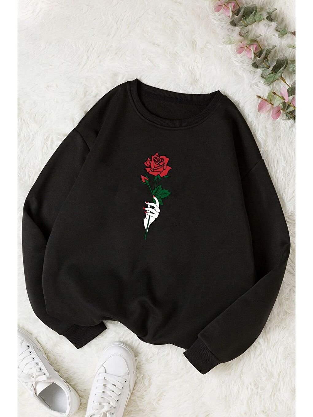 uyguntarz Siyah Unisex Rose Bisiklet Yaka Sweatshirt