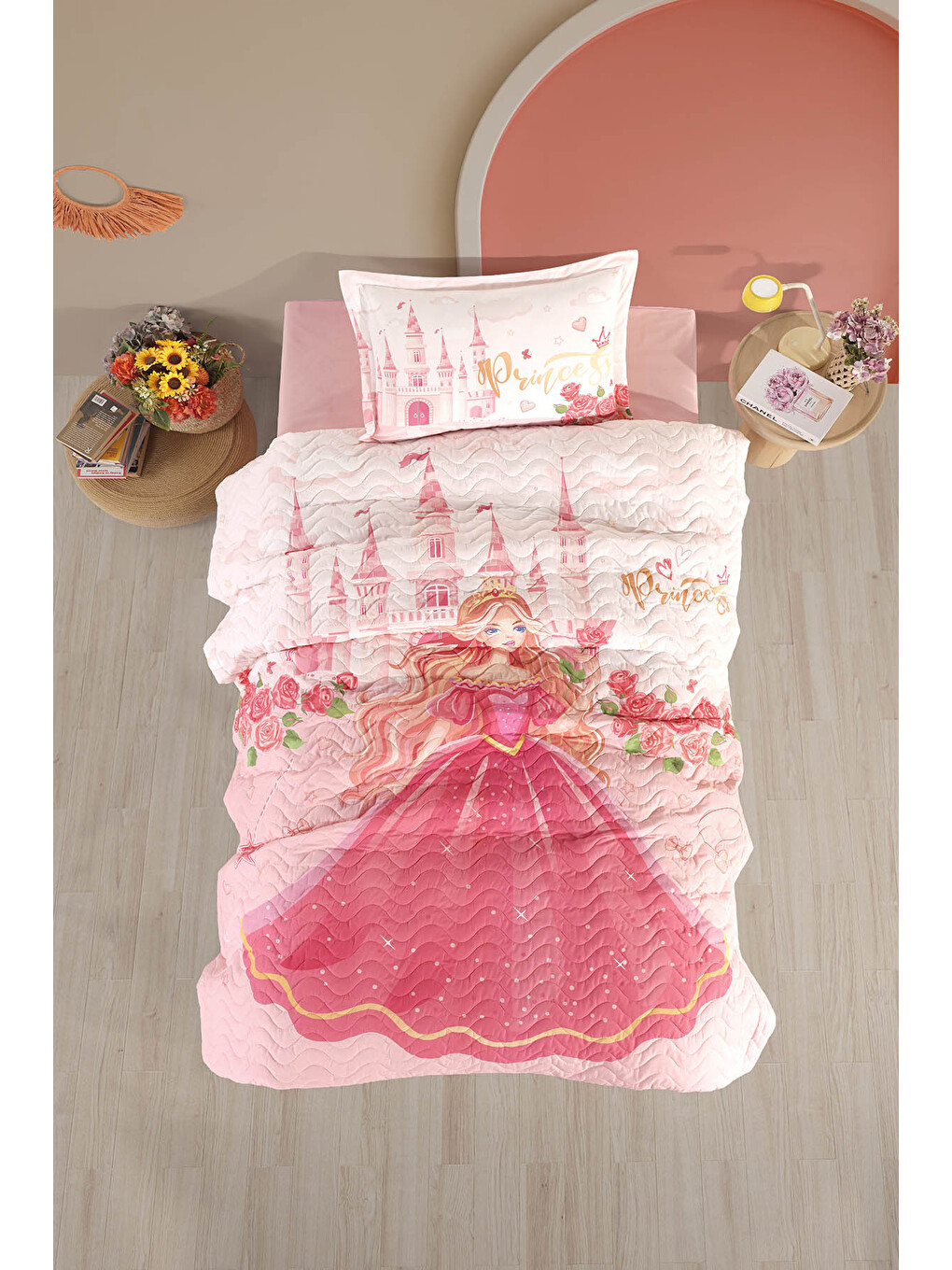 Pembe %100 Pamuk Tek Kişilik Dört Mevsim Set Princess V1