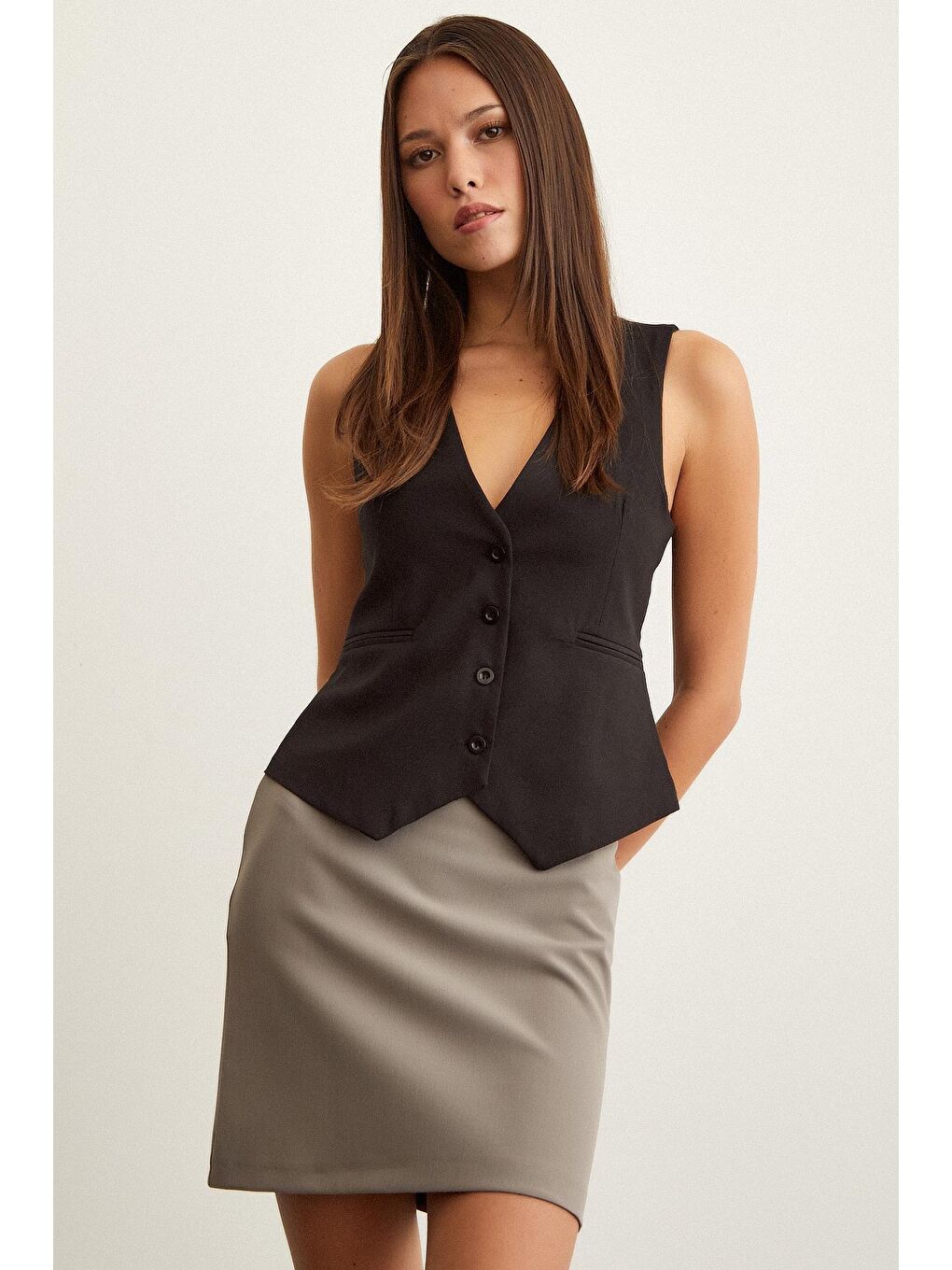 Gri Pensli Mini Etek