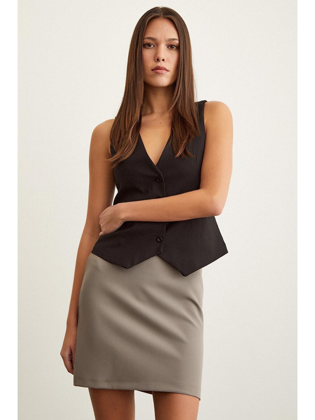 Gri Pensli Mini Etek-3