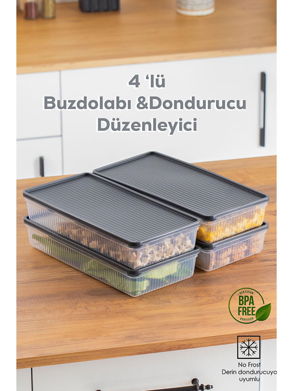 Porsima 1101 4'lü Buzdolabı Düzenleyici Difriz-mikrodalga Uyumlu Buzluk Saklama Kabı Seti Antrasit - 2 Lt