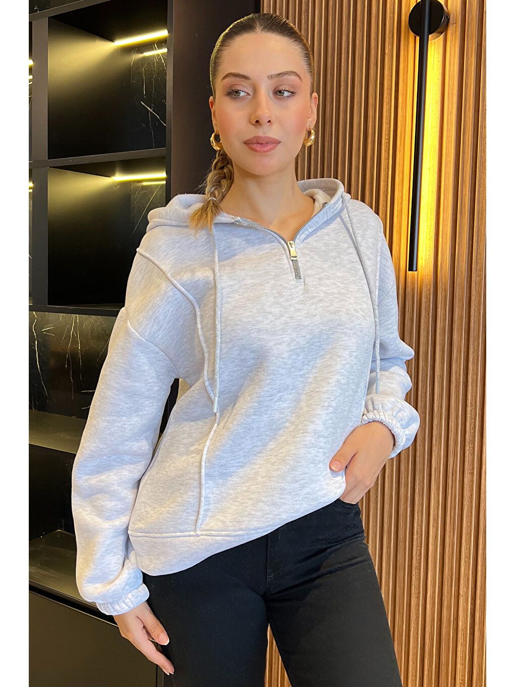 GÜLSELİ Gri Kapüşonlu Yarım Fermuarlı Üç İplik Şardonlu Sweatshirt