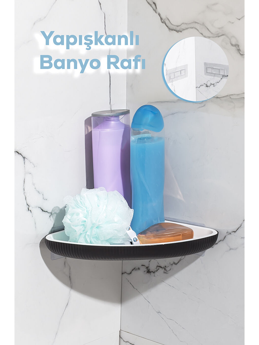 Porsima Siyah-Beyaz Yapışkanlı Banyo Düzenleyici Duş Rafı - Şampuanlık Sabunluk Banyo Köşeliği - Duşakabin Köşe Rafı - 3