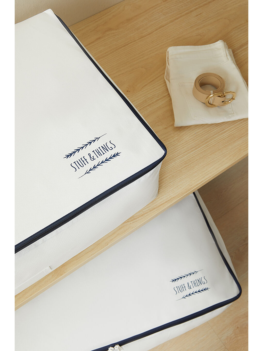 2'li Mega Boy Lacivert Fermuarlı Beyaz Renk Stuff & Things Baza Altı Hurç Set 74 x 46 x 22 cm-1