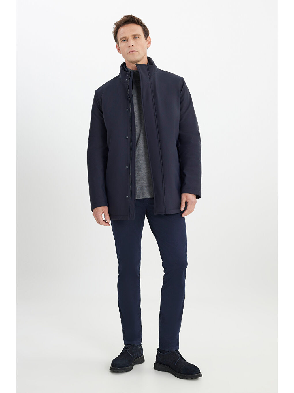 Erkek Lacivert Sıcak Tutan Standart Fit Normal Kesim Dik Yaka Yan Cepli Kaban-1