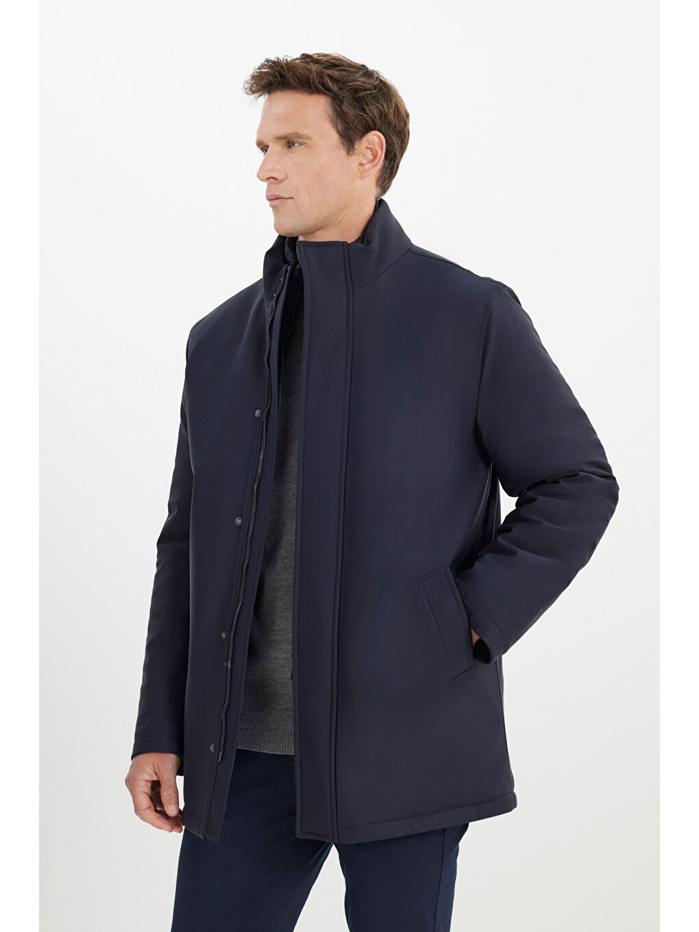 Erkek Lacivert Sıcak Tutan Standart Fit Normal Kesim Dik Yaka Yan Cepli Kaban-2
