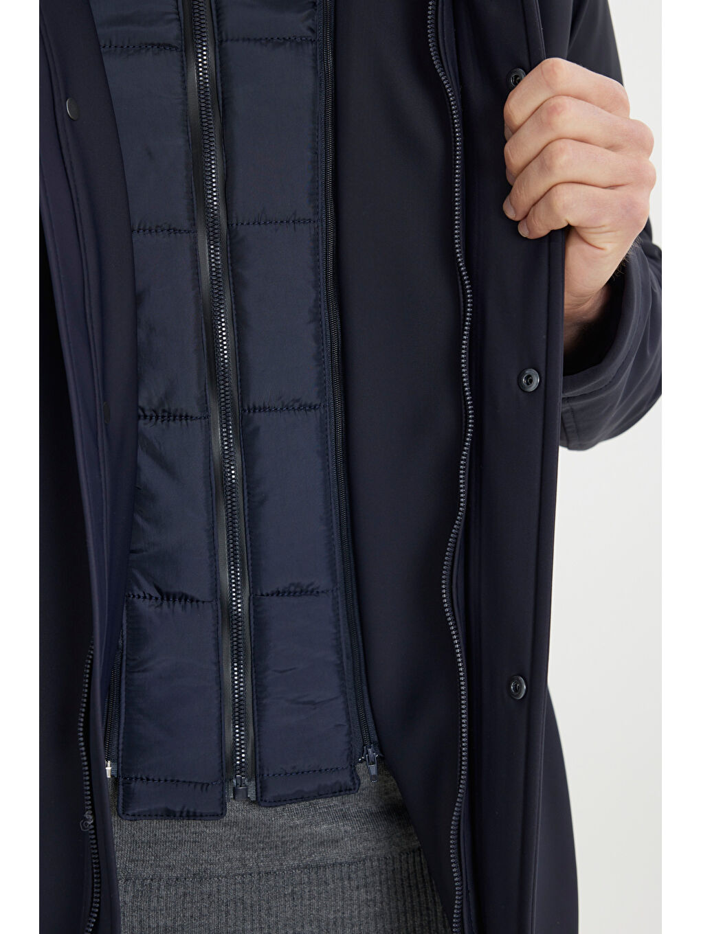 Erkek Lacivert Sıcak Tutan Standart Fit Normal Kesim Dik Yaka Yan Cepli Kaban-4