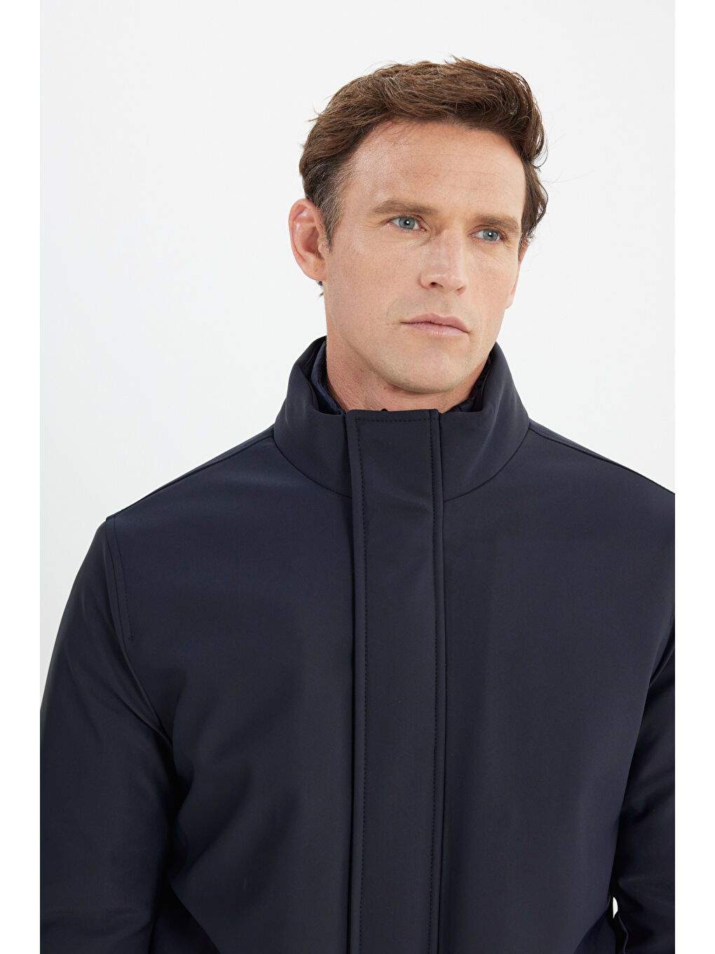 Erkek Lacivert Sıcak Tutan Standart Fit Normal Kesim Dik Yaka Yan Cepli Kaban-5