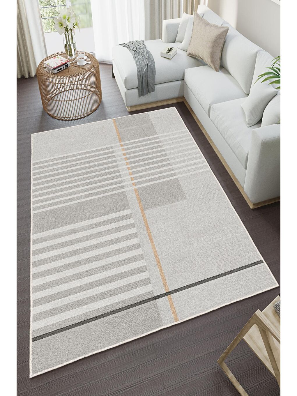 Bej Özel Tasarım, Kaymaz Taban, İnce, Yıkanabilir, Modern Halı WOOKECE1481 160x230-2