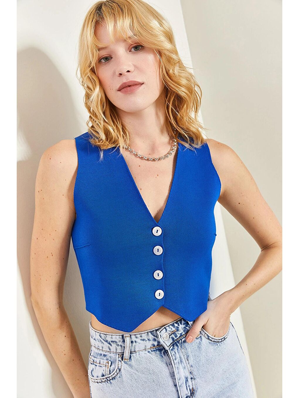 Mavi Kadın Önü Düğmeli Triko Yelek