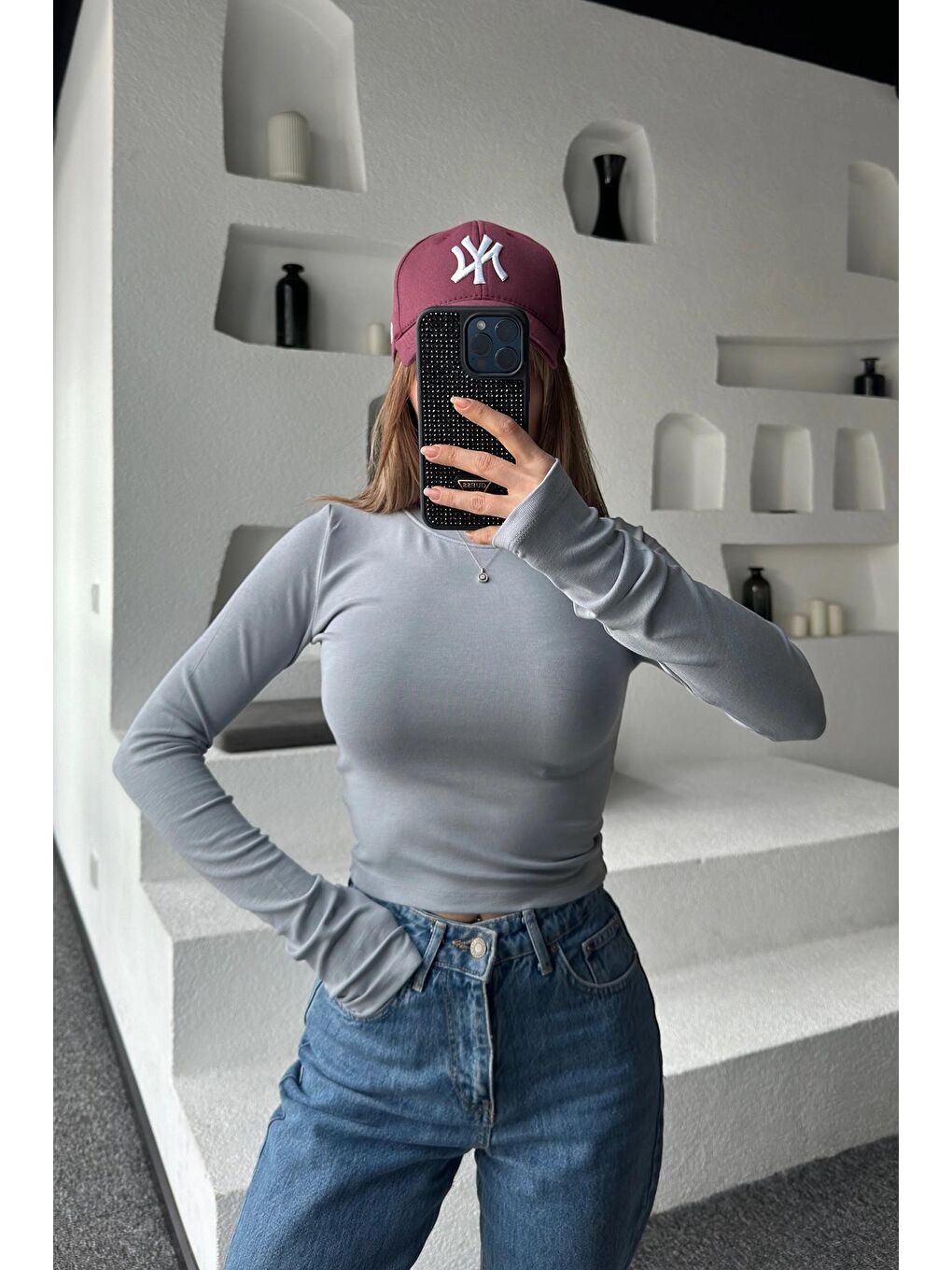 Gri Yuvarlak Yaka Elastanlı Uzun Kol Body Bluz