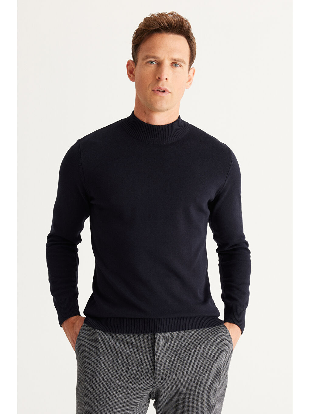 Erkek Lacivert Standart Fit Normal Kesim Yarım Balıkçı Yaka Pamuklu Triko Kazak