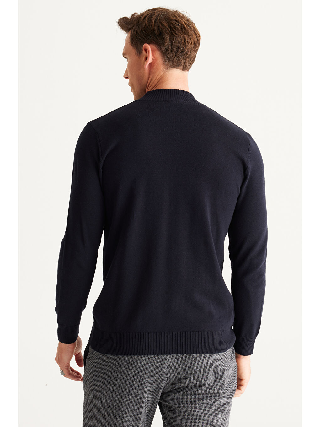 Erkek Lacivert Standart Fit Normal Kesim Yarım Balıkçı Yaka Pamuklu Triko Kazak-4