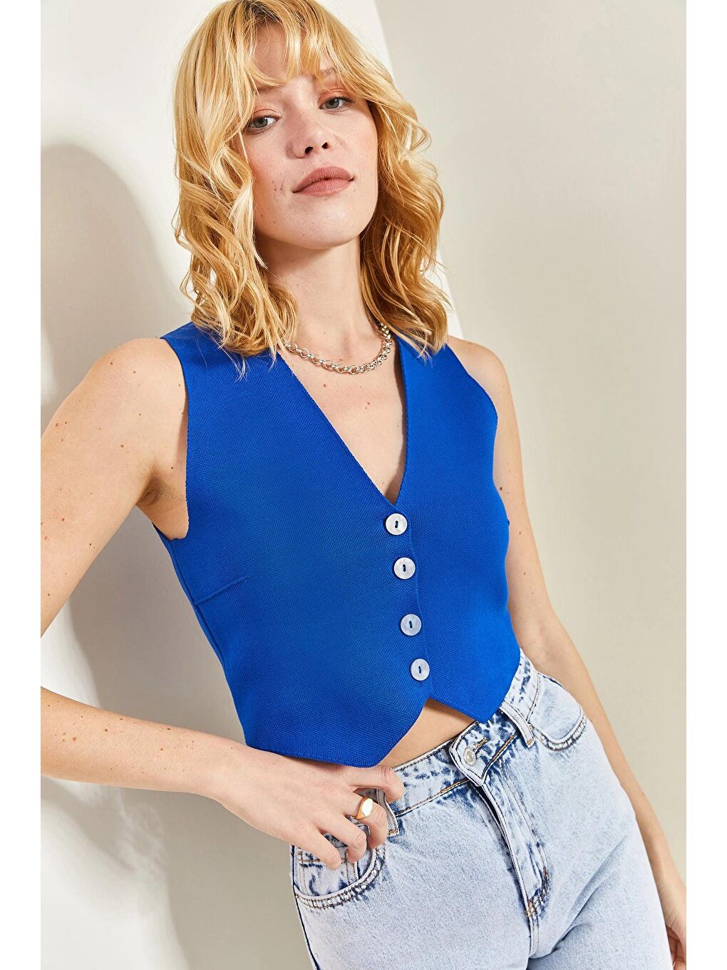 Mavi Kadın Önü Düğmeli Triko Yelek-3