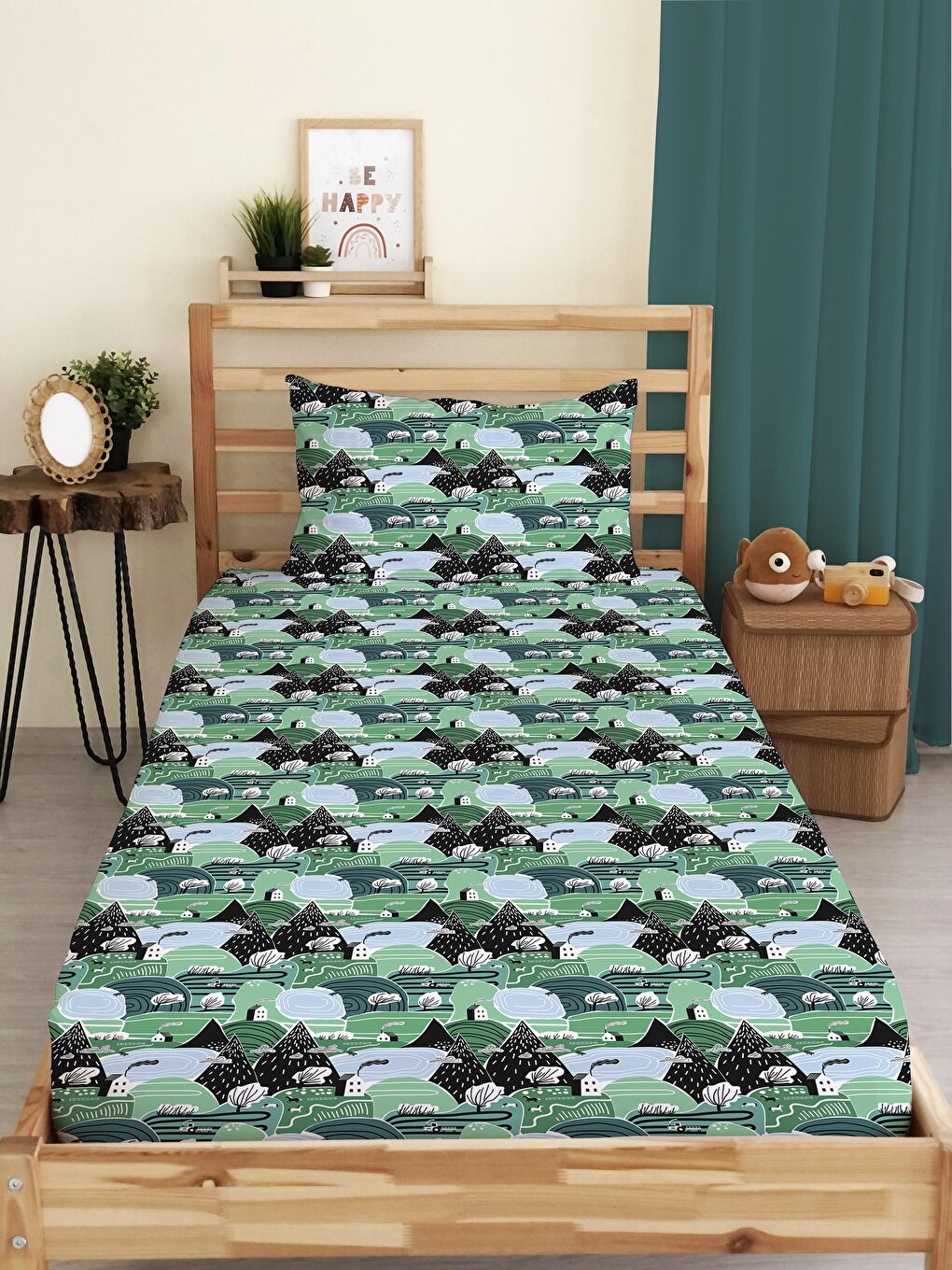 Karışık Dağ Desenli Baskılı Tek Kişilik Lastikli Çarşaf Seti