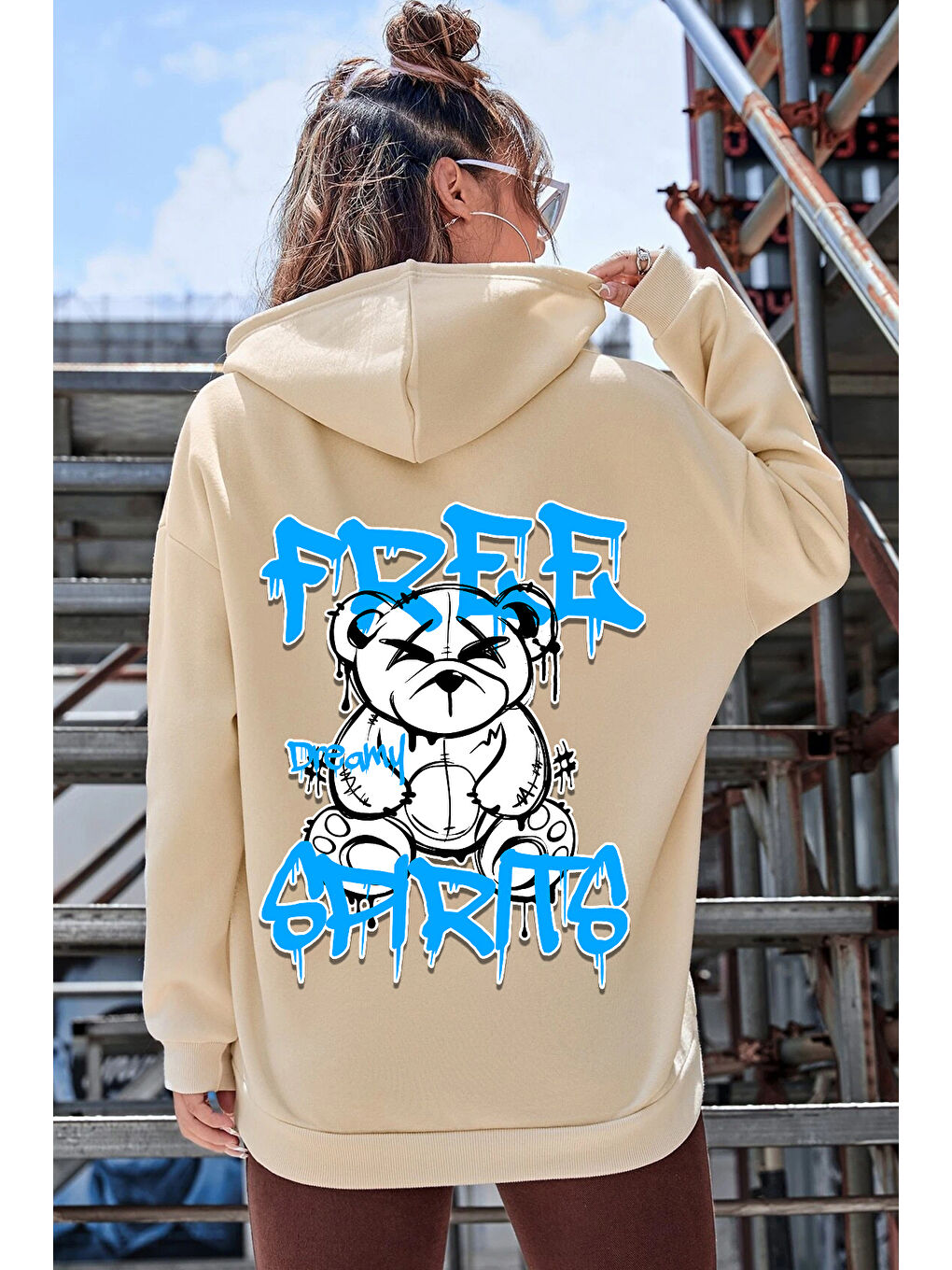 uyguntarz Bej Free Grafiti Sırt Baskılı Hoodie - 1