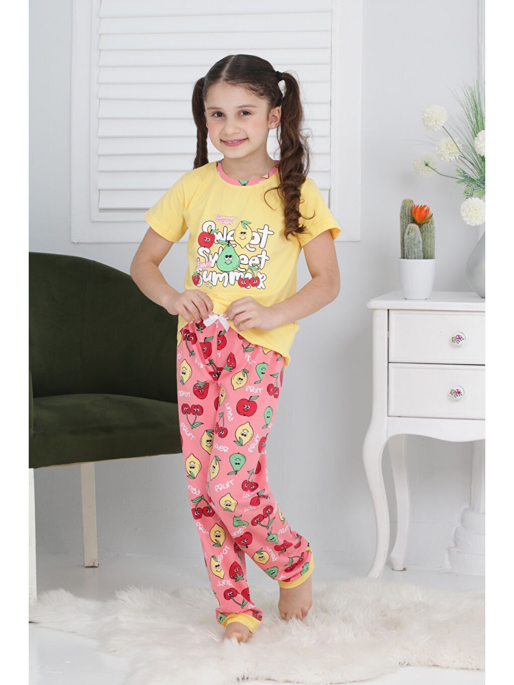 Kapi Kids Sarı Kız Çocuk Meyve Baskılı Pijama Takımı 3-11 Yaş Mnx 6073-74 - 1