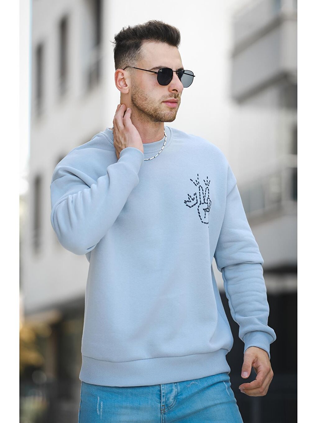 Gri Üç İplik Şardonlu Sırt Baskılı Bisiklet Yaka  Erkek Sweatshirt-1