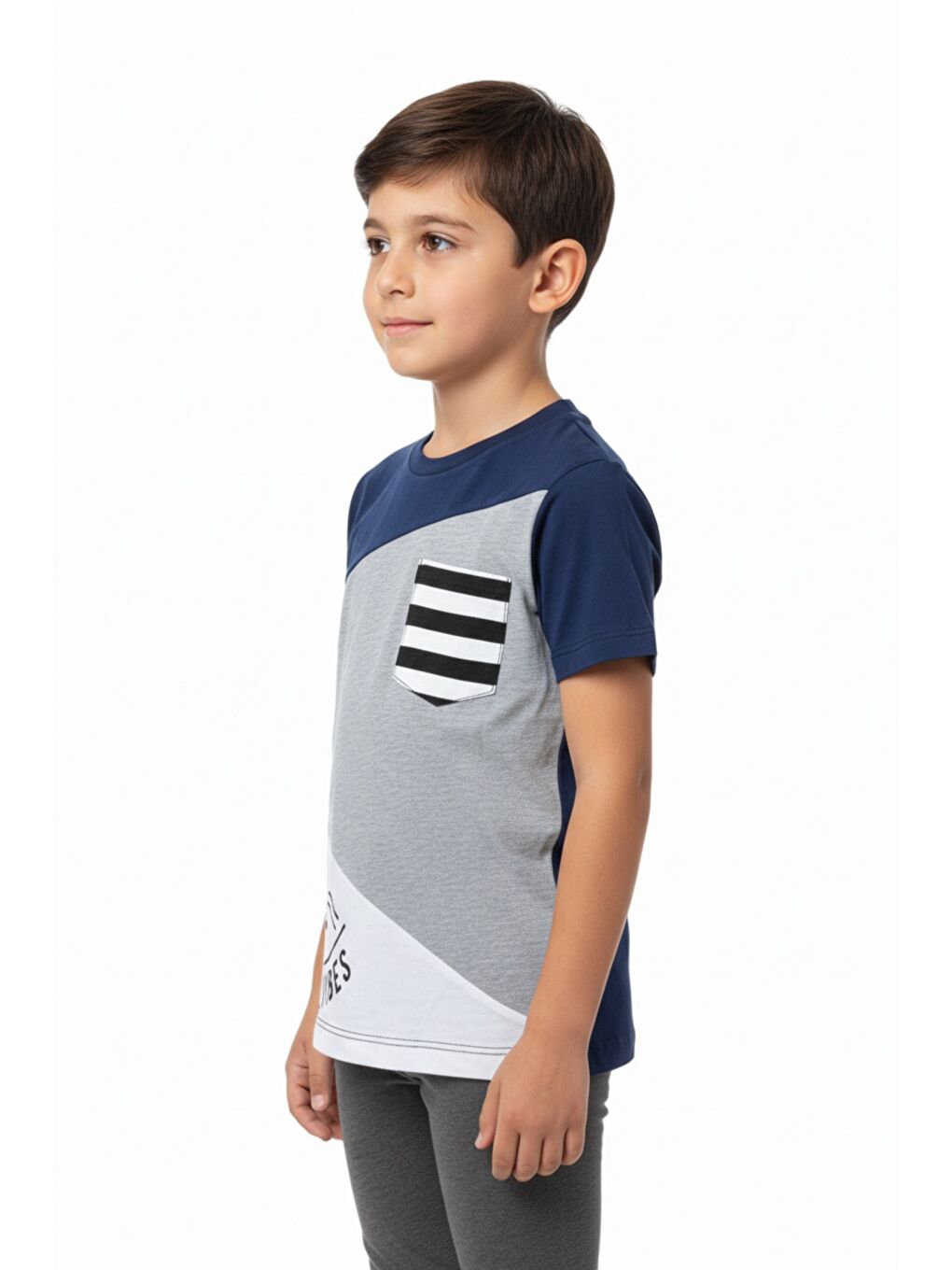 Lacivert Erkek Çocuk Garnili Cepli Tişört-1