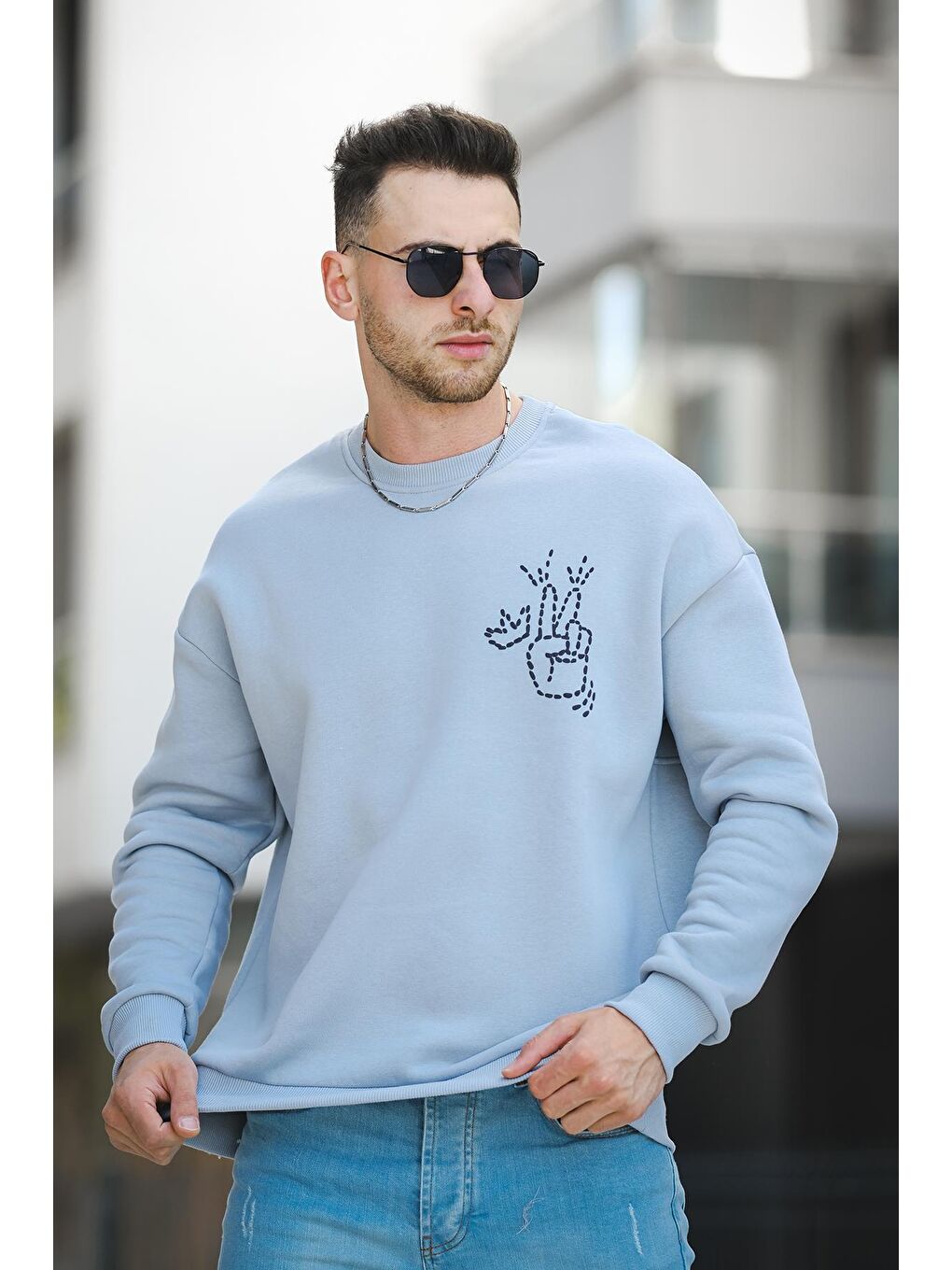 Gri Üç İplik Şardonlu Sırt Baskılı Bisiklet Yaka  Erkek Sweatshirt-2