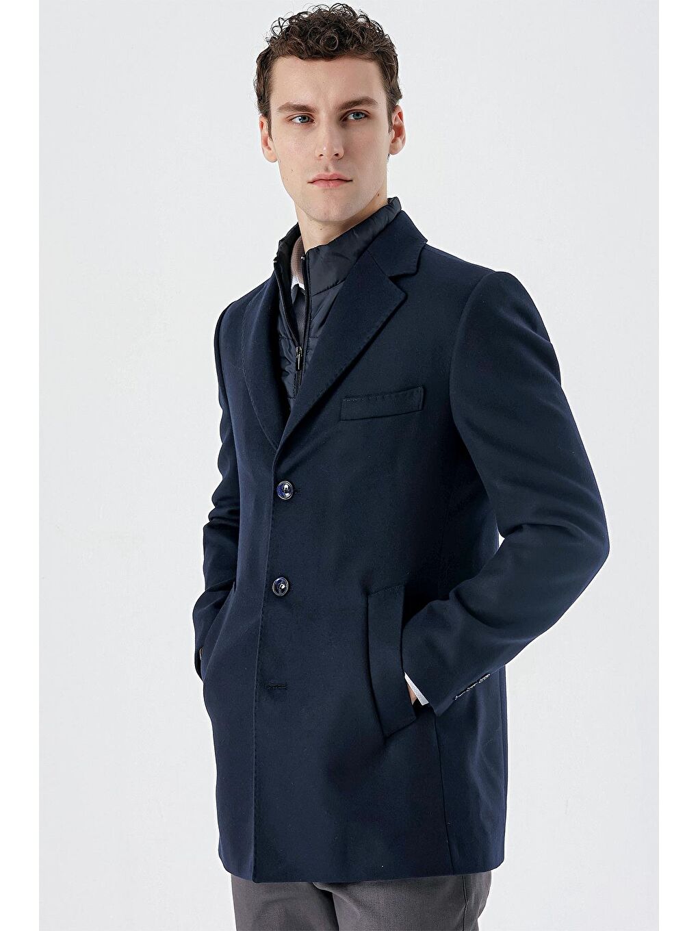 Koyu Lacivert Kaşe Mono Yaka Kapitoneli Astar Slim Fit Dar Kesim Klasik Kaban 1008235167-1