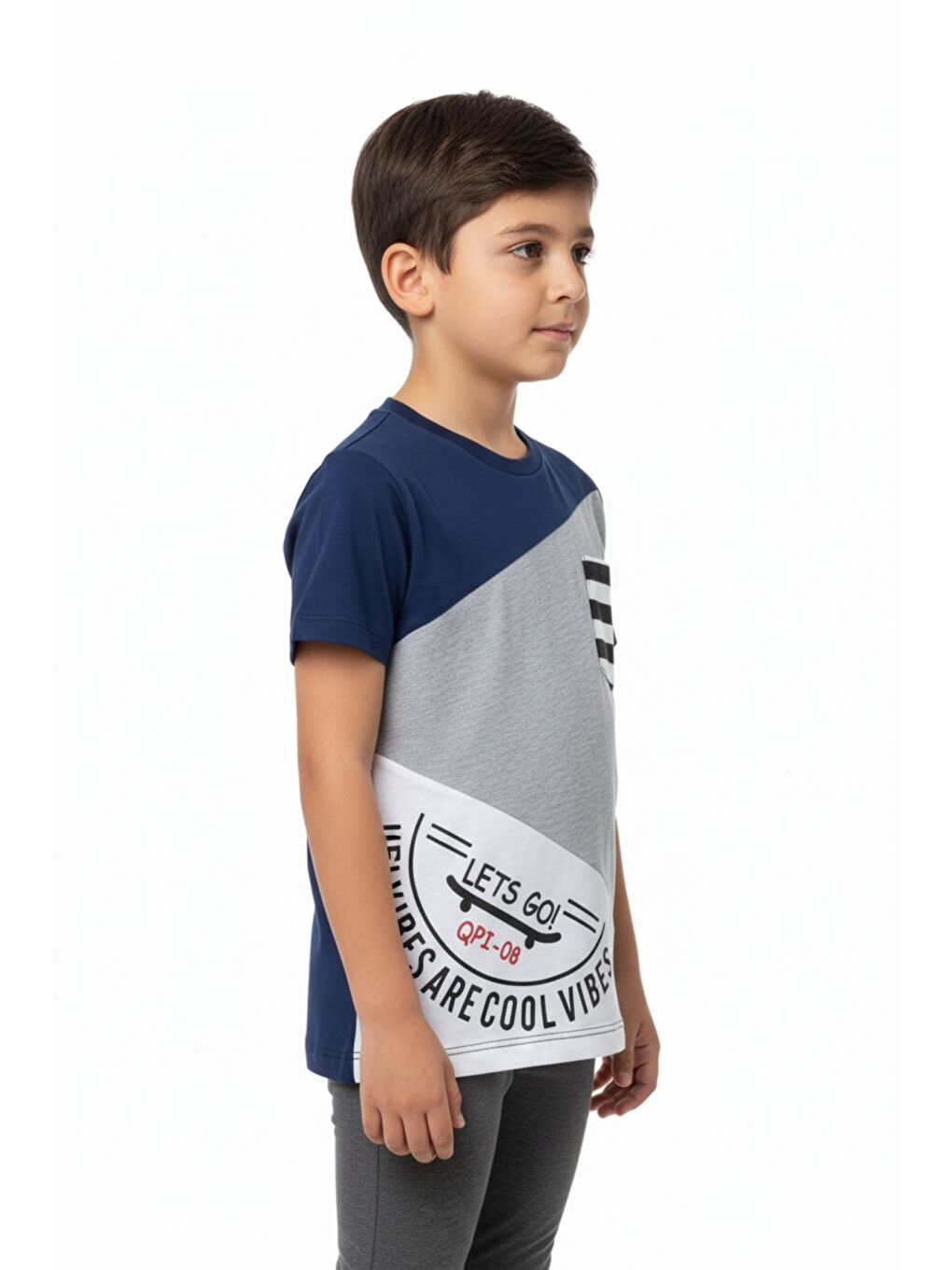Lacivert Erkek Çocuk Garnili Cepli Tişört-2