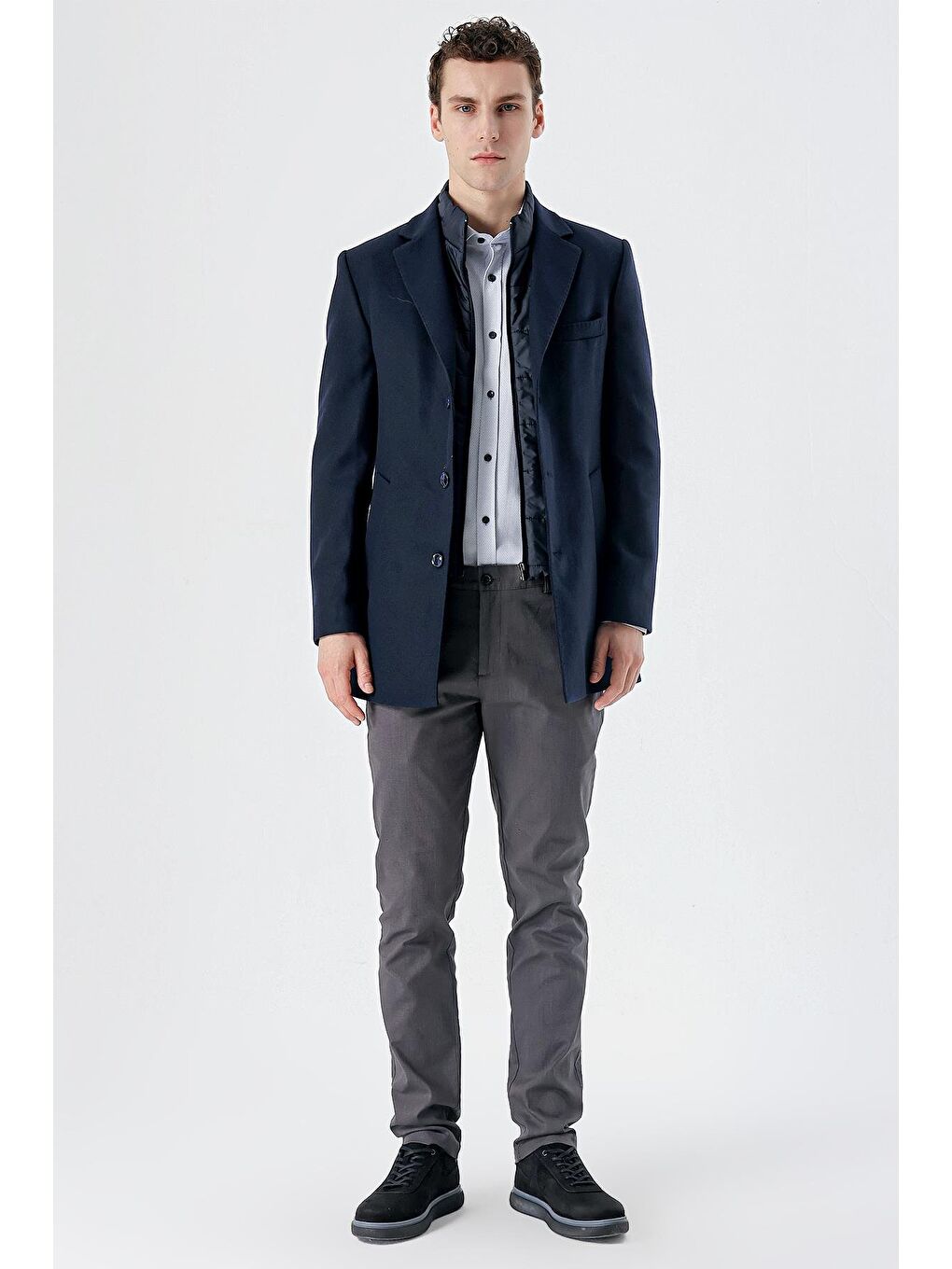 Koyu Lacivert Kaşe Mono Yaka Kapitoneli Astar Slim Fit Dar Kesim Klasik Kaban 1008235167-3