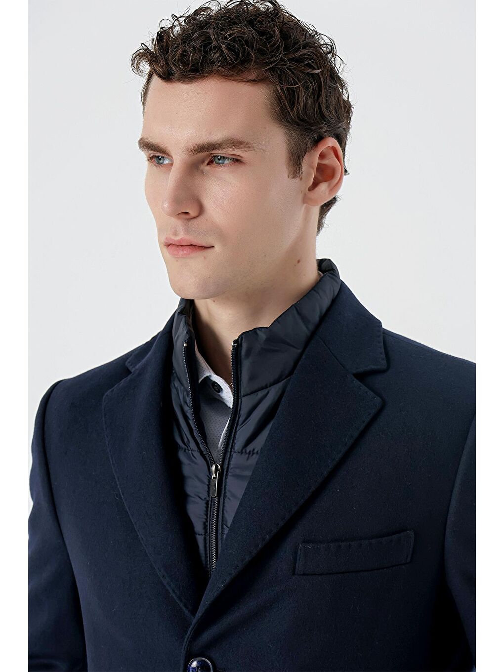 Koyu Lacivert Kaşe Mono Yaka Kapitoneli Astar Slim Fit Dar Kesim Klasik Kaban 1008235167-4