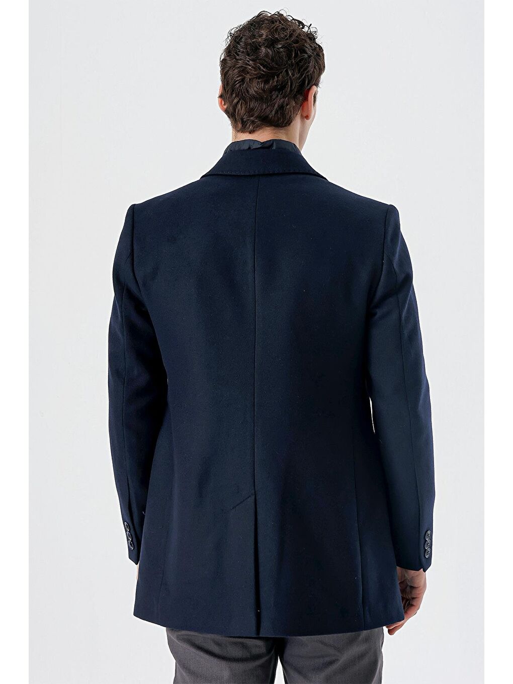 Koyu Lacivert Kaşe Mono Yaka Kapitoneli Astar Slim Fit Dar Kesim Klasik Kaban 1008235167-5