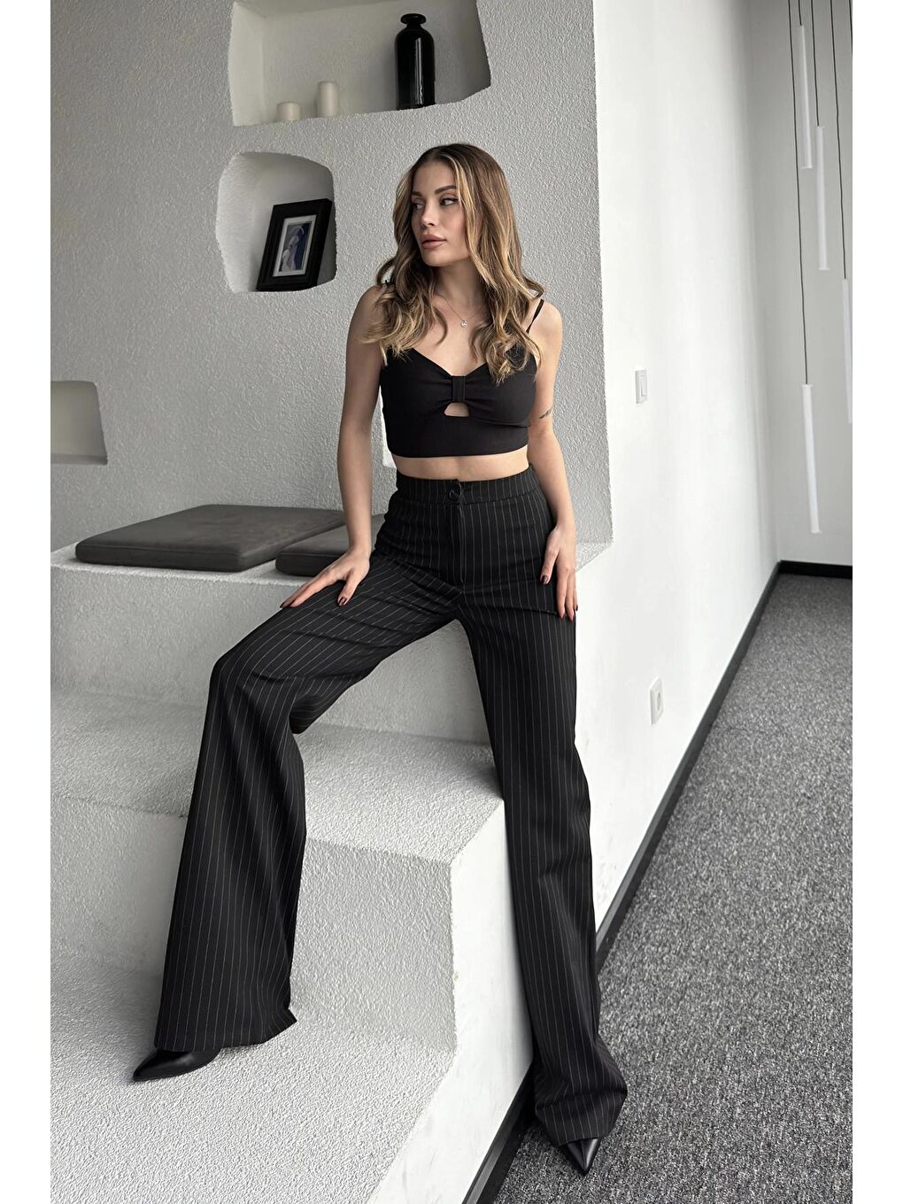 Siyah Yüksek Bel Çizgili Pamuklu Salaş Pantolon