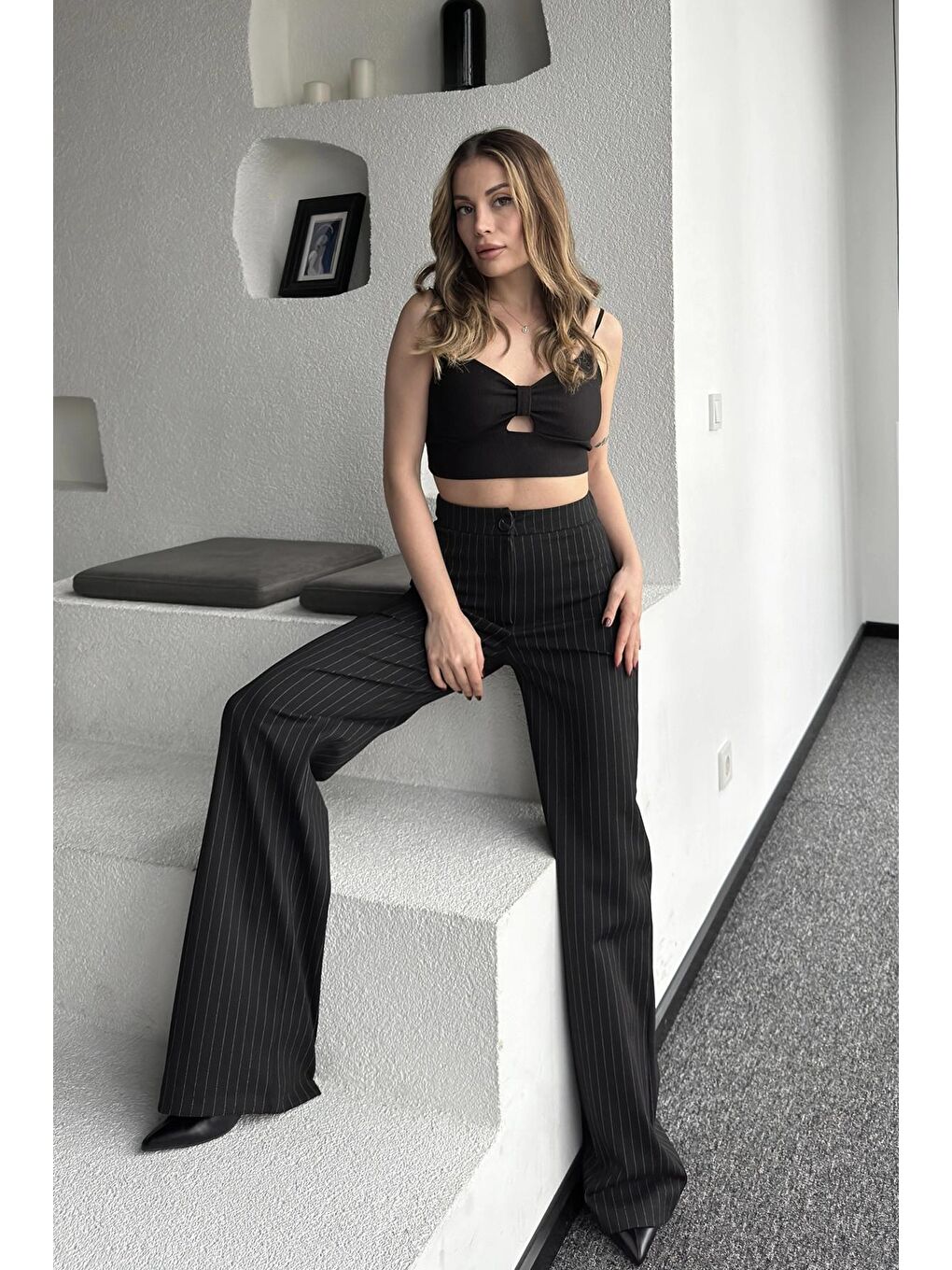 Siyah Yüksek Bel Çizgili Pamuklu Salaş Pantolon-2