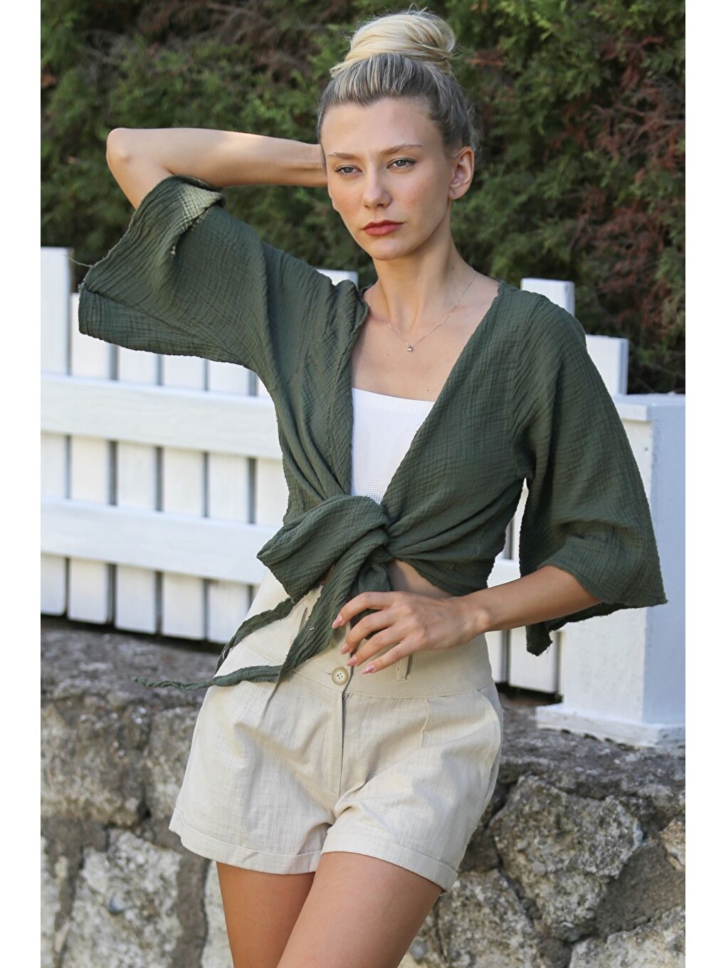 Organik Pamuk Haki 3/4 Kol Bağlamalı Yıkamalı Dokuma Casual Müslin Kimono Ceket