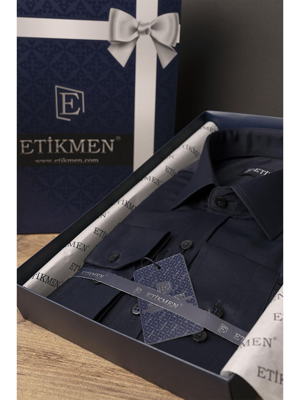 Etikmen Lacivert Saten Slimfit Erkek Hediye Kutulu Gömlek - 7