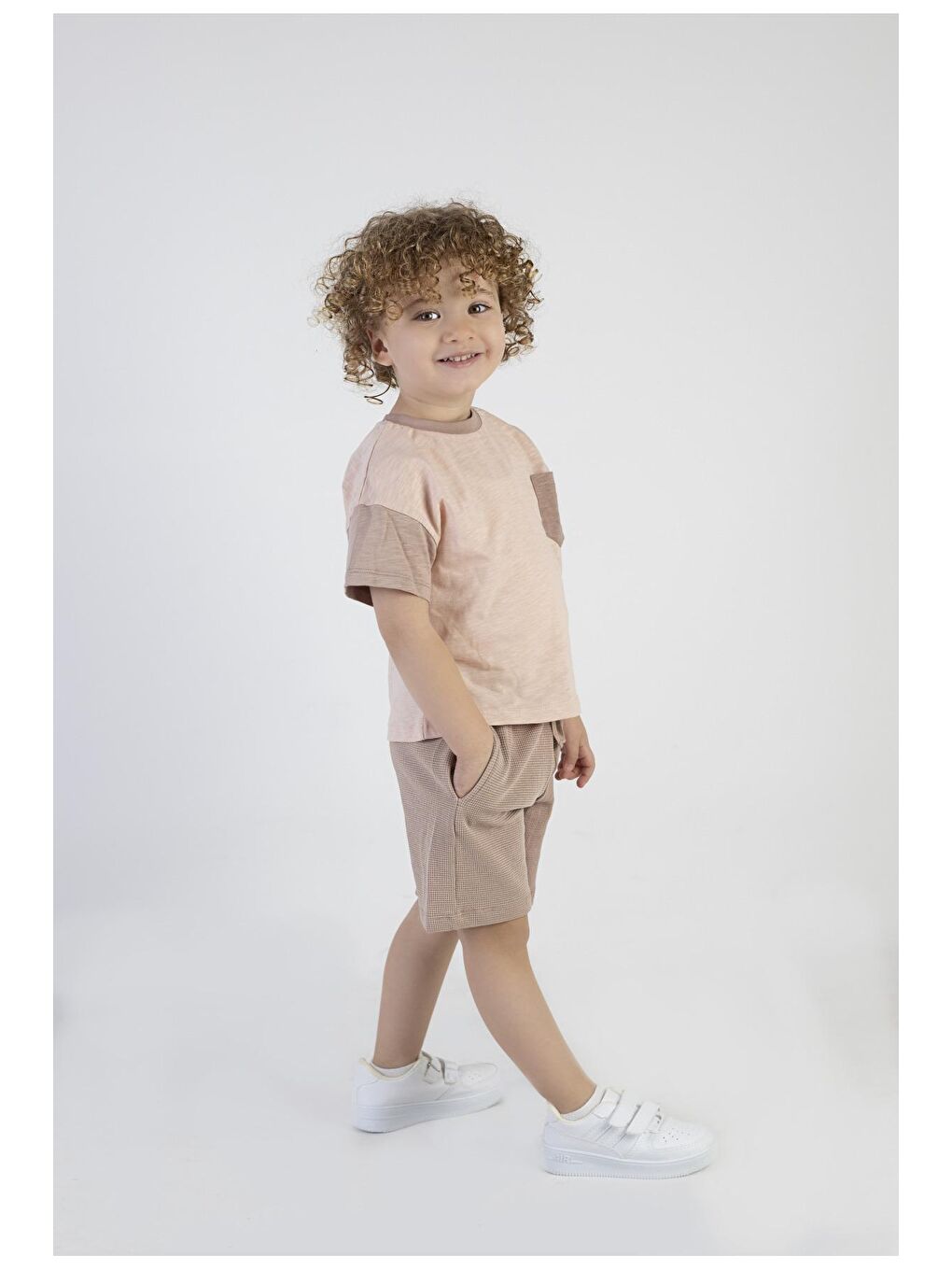 Kahverengi Erkek Bebek Kahve Desen Kısa Kollu Şortlu Basic Alt Üst Takım-1