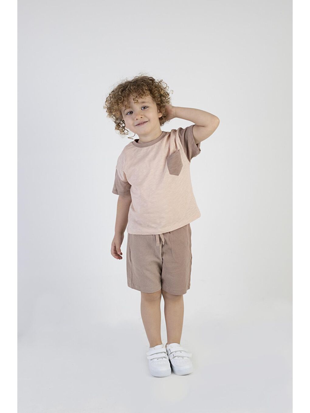 Kahverengi Erkek Bebek Kahve Desen Kısa Kollu Şortlu Basic Alt Üst Takım-2