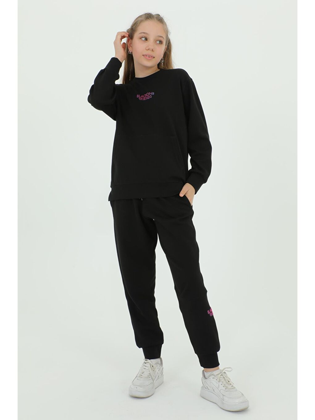 Siyah Kız Çocuk Bisiklet Yaka Baskı Detaylı Ayarlanabilir Lastik Bel Eşofman Takımı-1