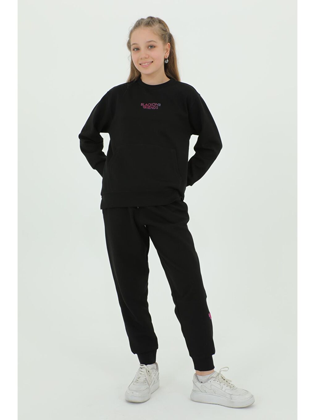 Siyah Kız Çocuk Bisiklet Yaka Baskı Detaylı Ayarlanabilir Lastik Bel Eşofman Takımı-3