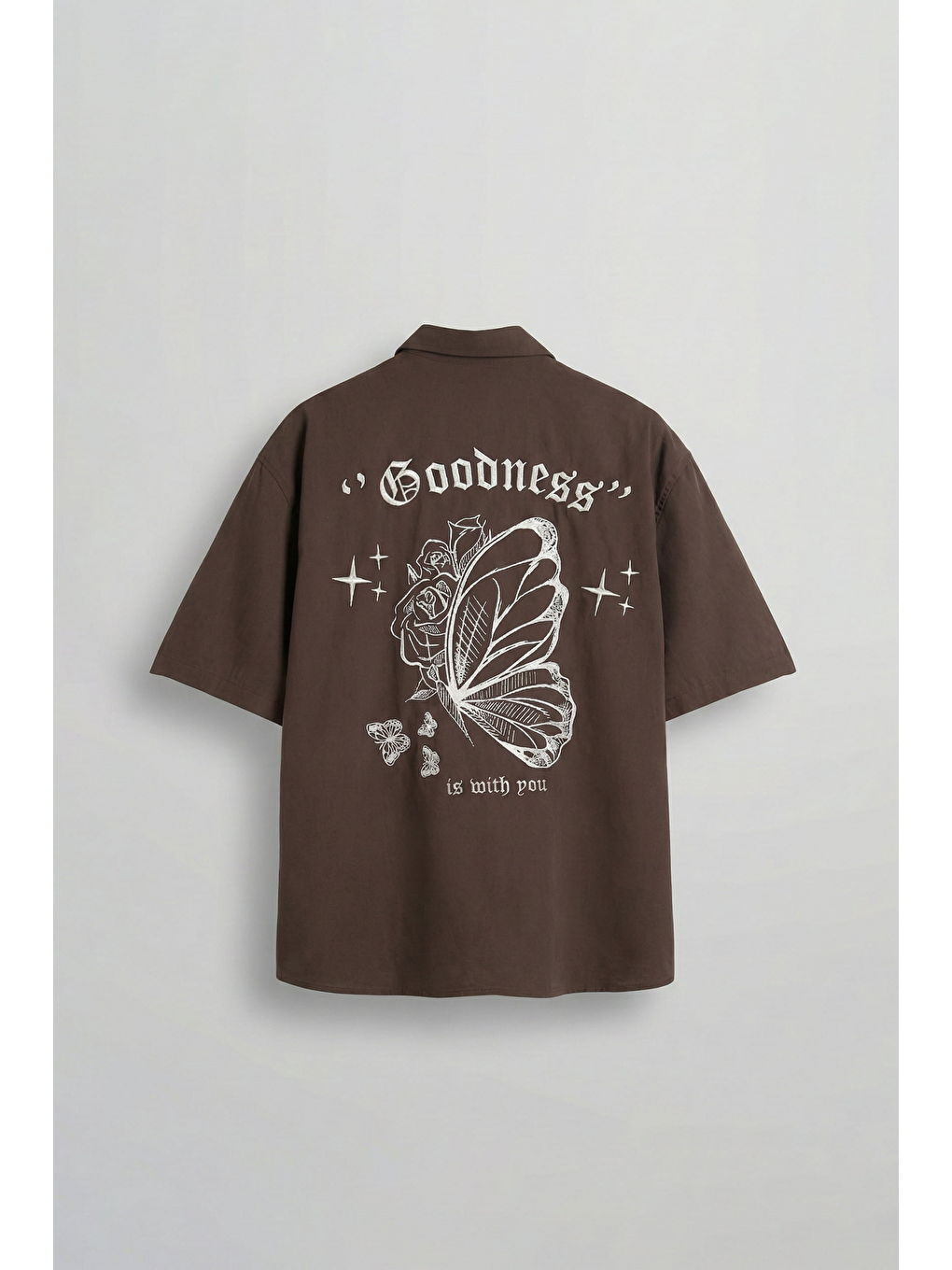 Erkek Sırt Baskılı Kısa Kollu %100 Pamuk Gömlek Kahverengi