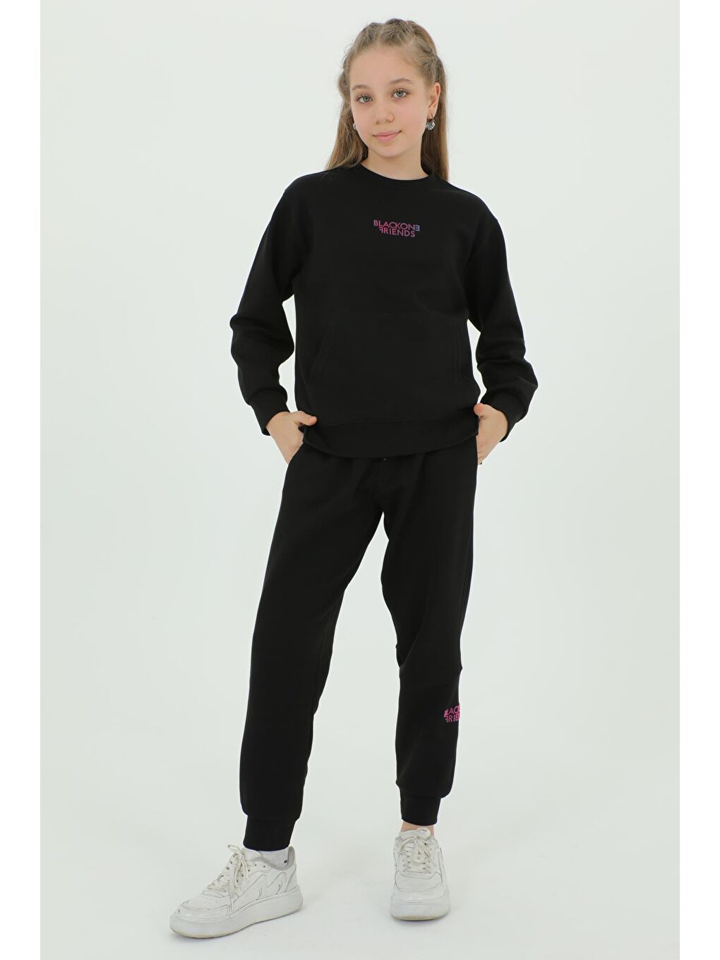Siyah Kız Çocuk Bisiklet Yaka Baskı Detaylı Ayarlanabilir Lastik Bel Eşofman Takımı-4