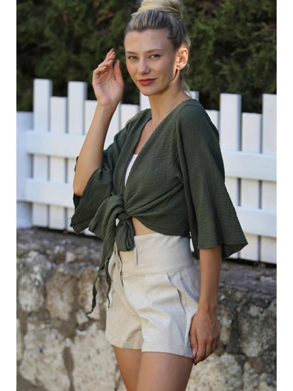 Organik Pamuk Haki 3/4 Kol Bağlamalı Yıkamalı Dokuma Casual Müslin Kimono Ceket-1