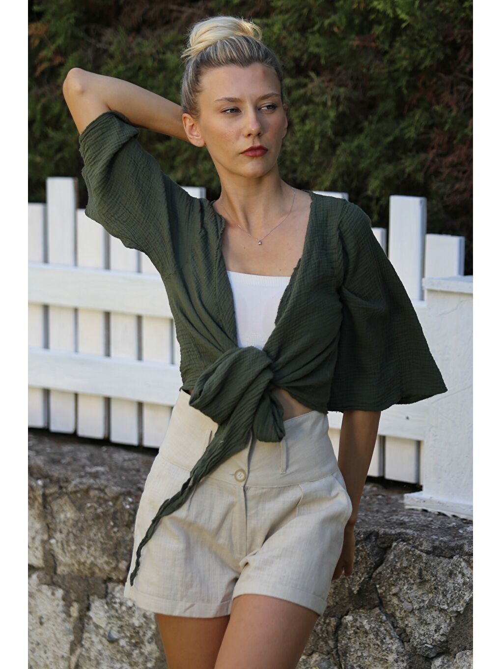 Organik Pamuk Haki 3/4 Kol Bağlamalı Yıkamalı Dokuma Casual Müslin Kimono Ceket-2